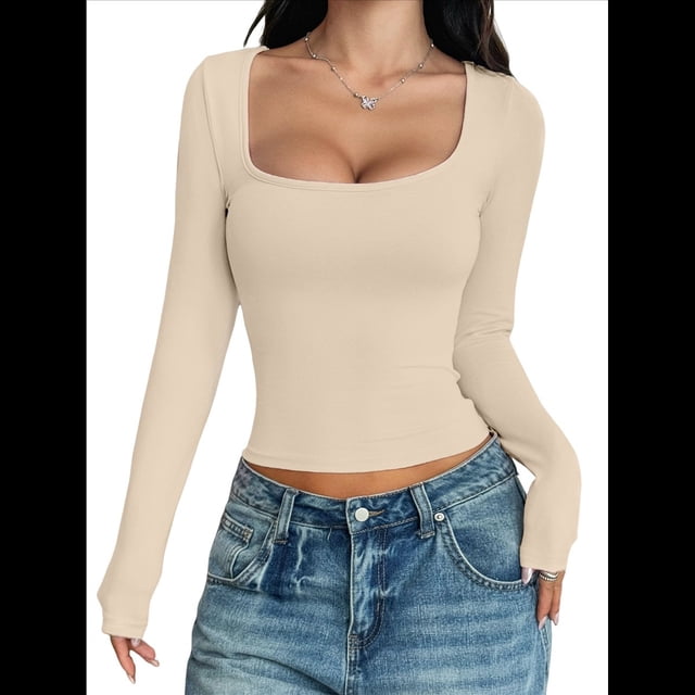Camisas de Larga para Mujer, Tops Cortos, Cuello Cuadrado, Camisetas Básicas para Salir, Ropa de Invierno Y2K 2025 Albaricoque M