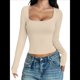 thumbnail image 1 of Camisas de Larga para Mujer, Tops Cortos, Cuello Cuadrado, Camisetas Básicas para Salir, Ropa de Invierno Y2K 2025 Albaricoque M, 1 of 7