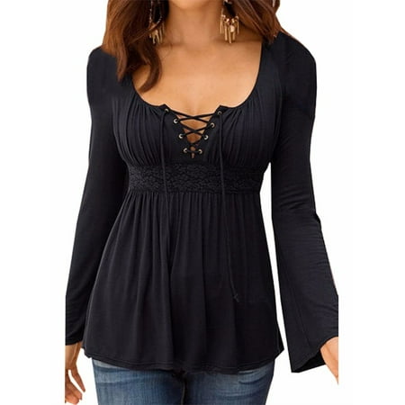 Lace Shift - Women's Elegant Front Lace Up Deep U-Neck Stretchy Tops