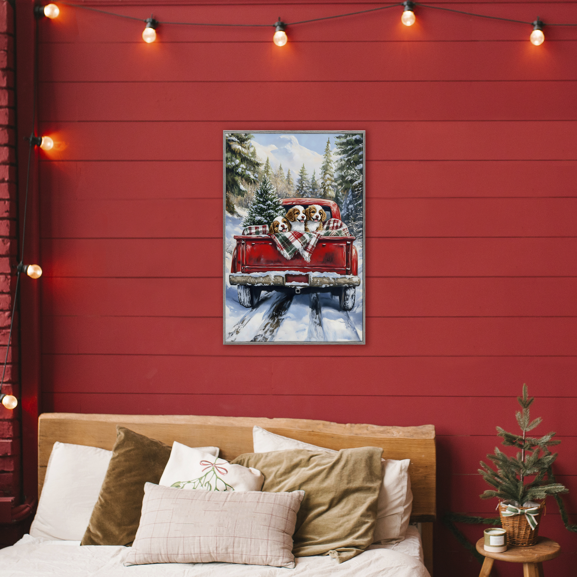 Christmas Truck Pups Trio Gray Framed Giclee Art, design by Petal Prints Design