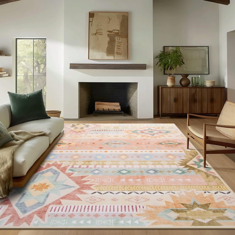 Jamfeel Area Rugs Boho Print Low Pile Washable Carpet Soft Non-slip Rug for Living Room Bedroom Kitchen 5'x8' Cinnamon