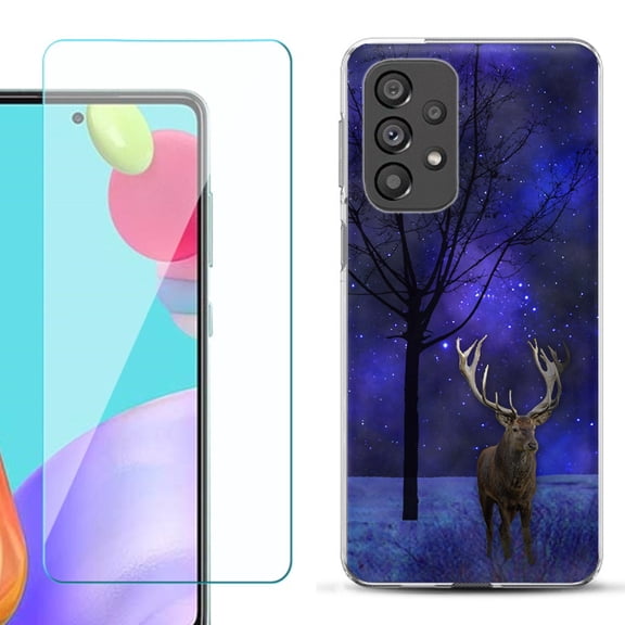 Slim-Fit Gel TPU Phone Case for Samsung Galaxy A33 5G, with Tempered Glass Screen Protector, by OneToughShield ® - Midnight Deer