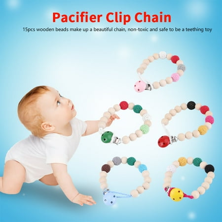 Yosoo Infant Pacifier Soother Holder Crochet Wooden Beads Chain Metal Clip Baby Shower Feeding Toy, Pacifier Strap, Pacifier Clip Chain