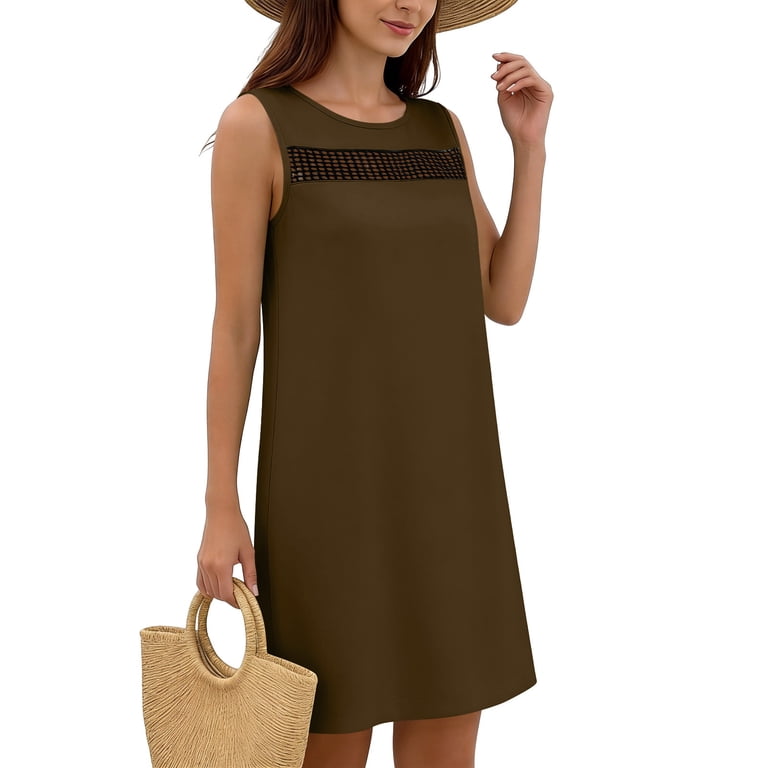 Lovzfmll Women's Shift Dress, Crew Neck Sleeveless with Cutout & Pocket, Casual Mid-Length Dress Brown, L
