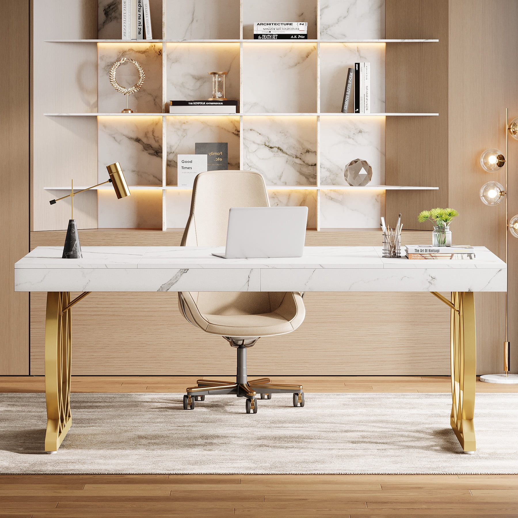 Tribesigns 63-inch Executive Desk, Modern Office Computer Desk with Stylish Gold Legs, White and Gold