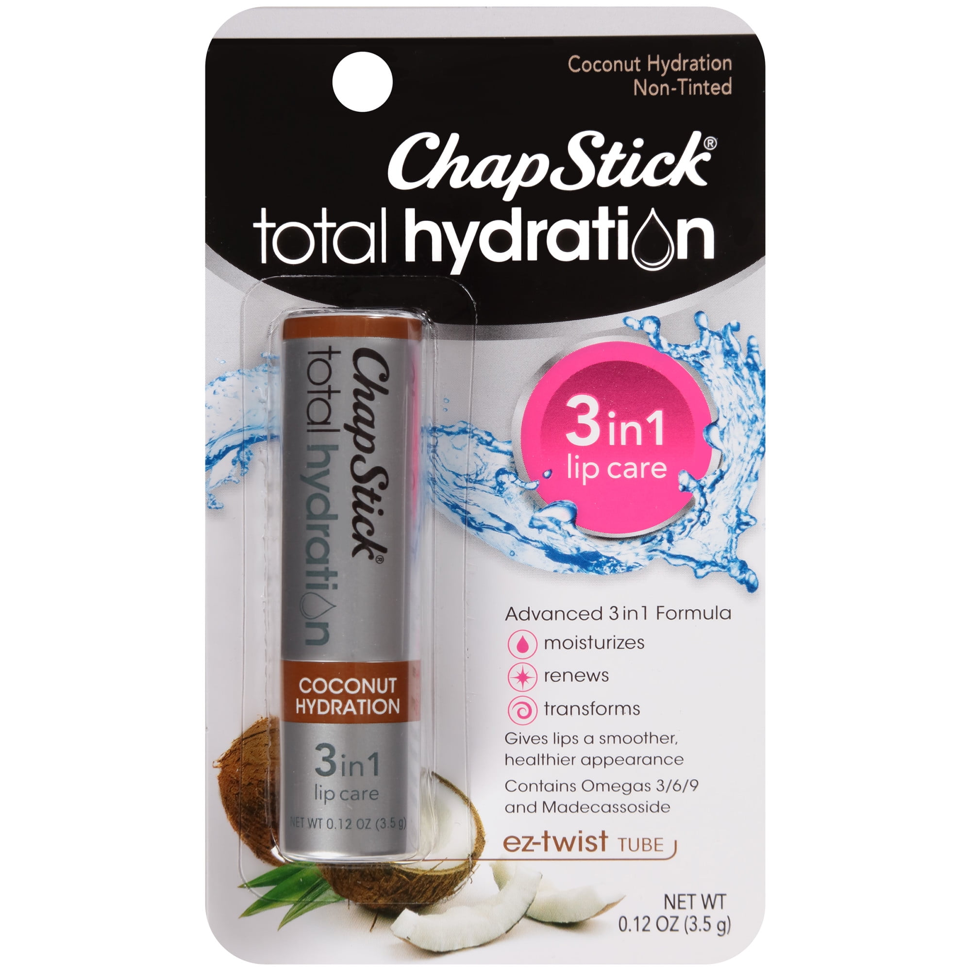 ChapStick Total Hydration 3 In 1 Lip Care With Omegas Coconut Lip Balm Tube, 0.12 Oz