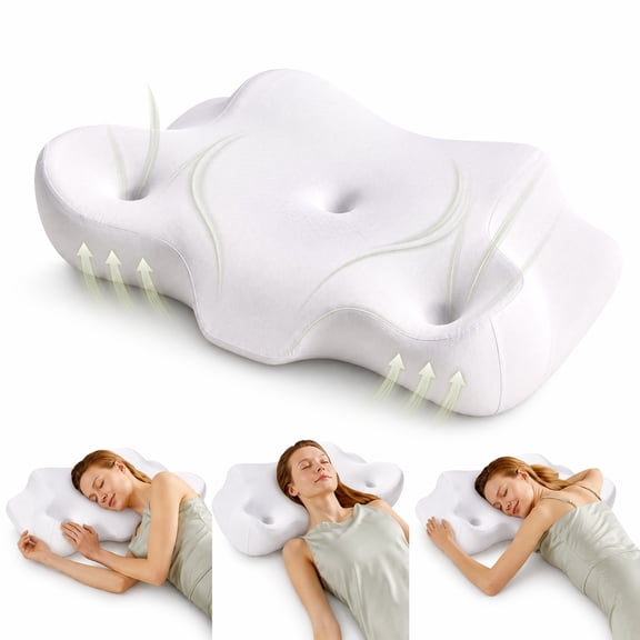 EDX 24 x 16 inch Cervical Ergonomic Pillow - Memory Foam Neck Pain Relief for Side/Back/Stomach Sleepers,White
