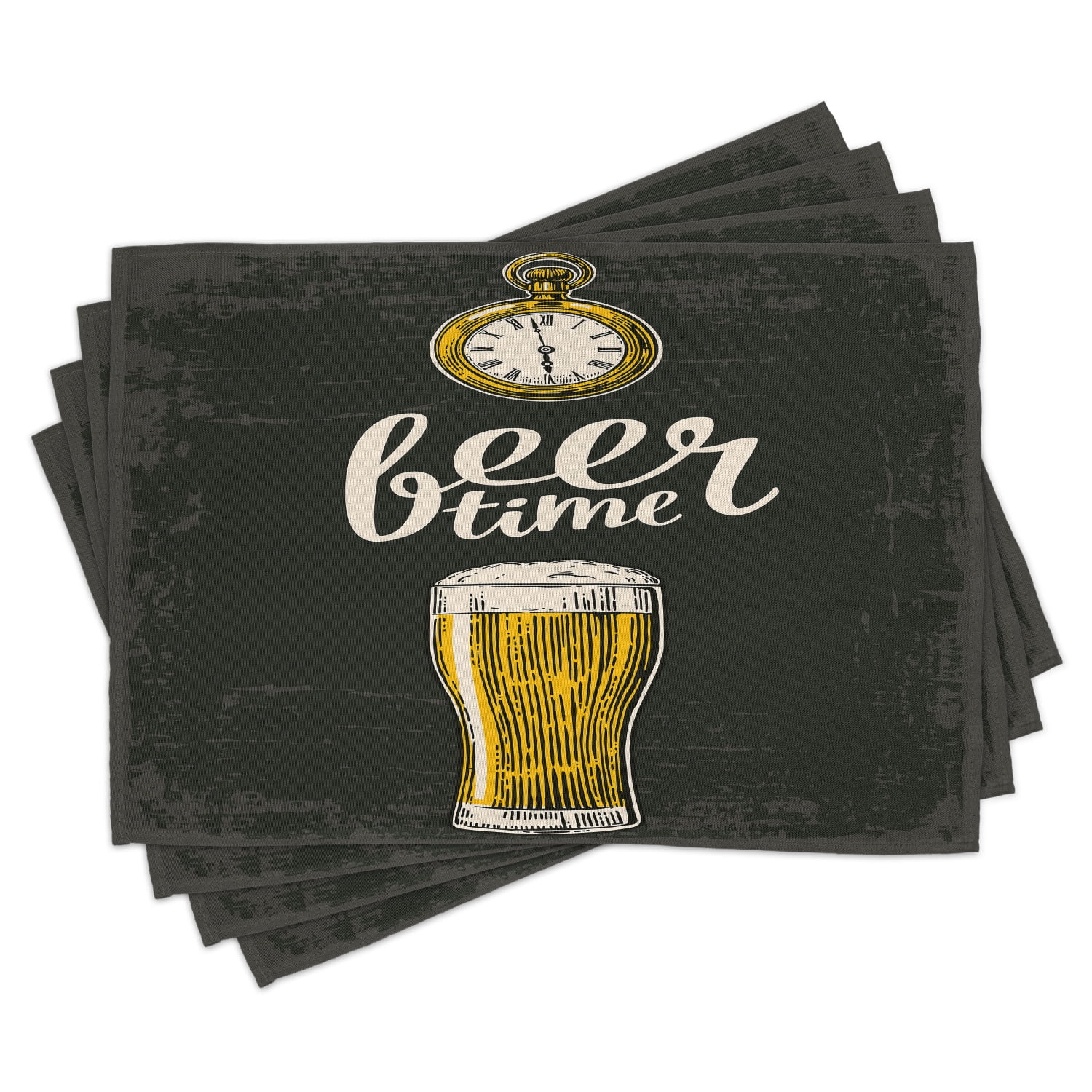 Ambesonne Modern Place Mats Set of 4, Beer Time and Old Watch, Standard Size, Dark Green Yellow