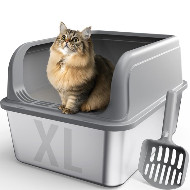 Caja de arena para gatos Powools de acero inoxidable, entrada superior, gris