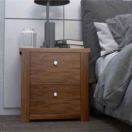 Costway 2 Tiers Nightstand W 2 Sliding Drawers Bedroom Walnut Walmart Canada