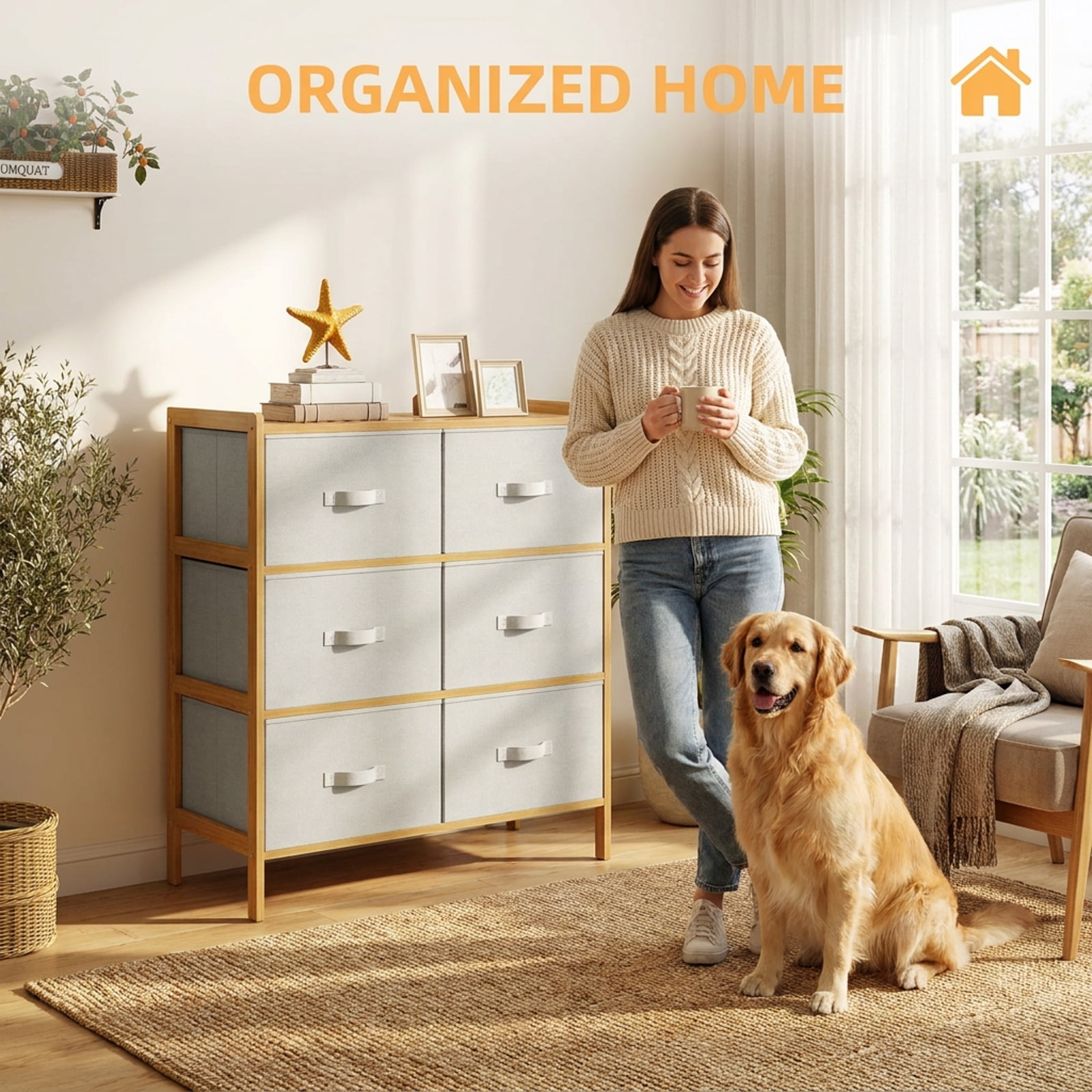 Furnibear Fabric Dresser with 6 Drawers with 6 Folding Fabric Bins for Bedroom Living Room for Bedroom Closet Living Room Nursery Clothes, Natural