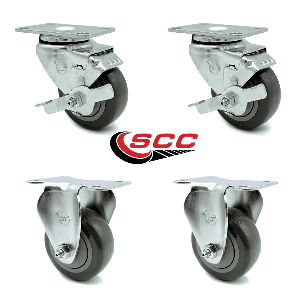 3.5 Inch Gray Polyurethane Swivel Top Plate Caster Set with 2 Brake 2 Rigid SCC