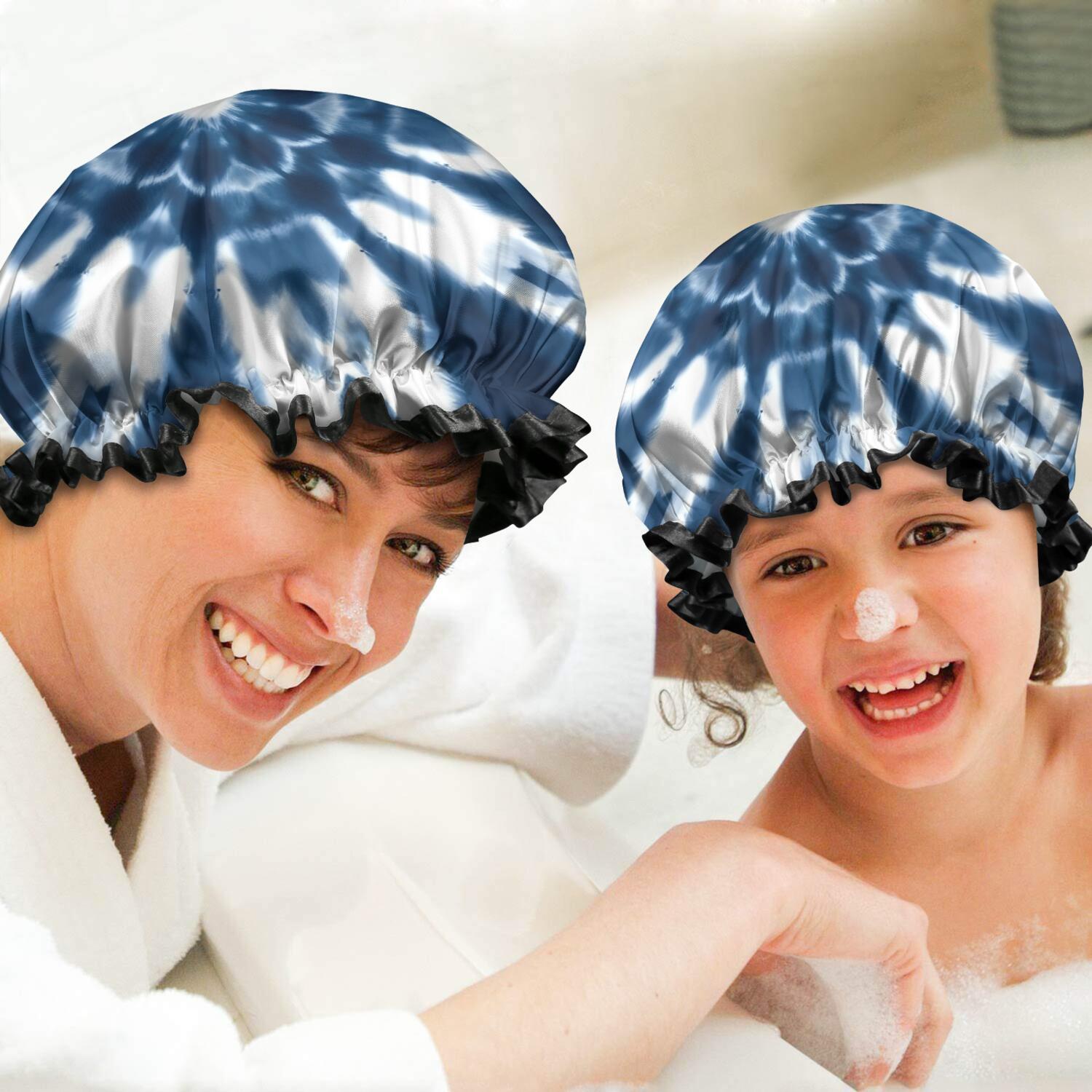 Shower Caps,Blue Tie Dye Flower Mandala Pattern Waterproof Shower Cap for Women 4 Pieces,Double Reusable Hair Cover for Shower PEVA Elastic Stretch Hem