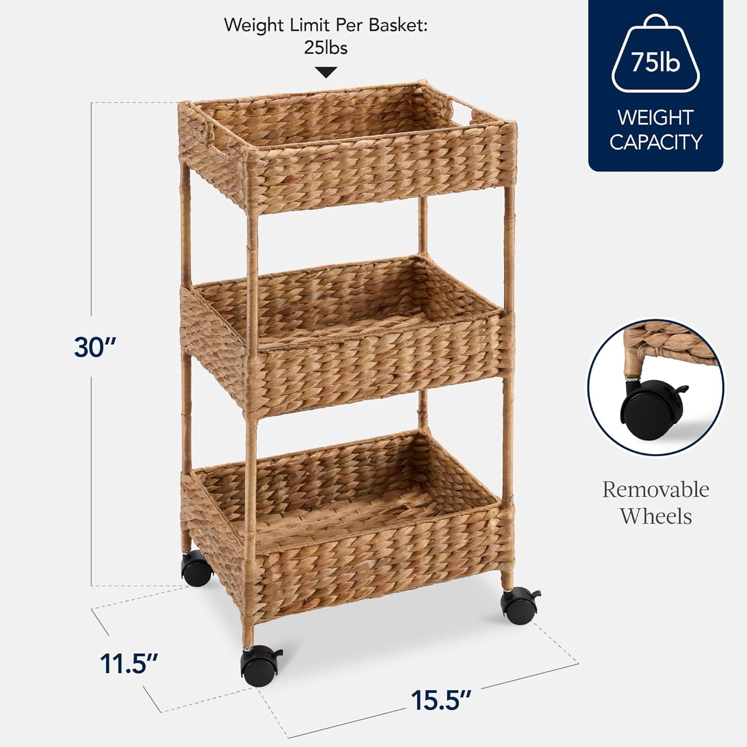 3-Tier Water Hyacinth Rolling Nursery Caddy w/Wheels, Utility Cart, Storage Organization for Bathroom, Craft Room, Laundry Room - Natural