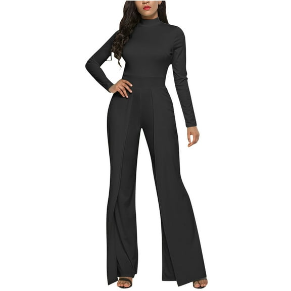 Usmixi Rompers for Women Fall Elegant Flared Leg Empire Waist Ladies Long Jumpsuits Half High Neck Long Sleeve Formal Solid Maxi Womens Jumpsuits on