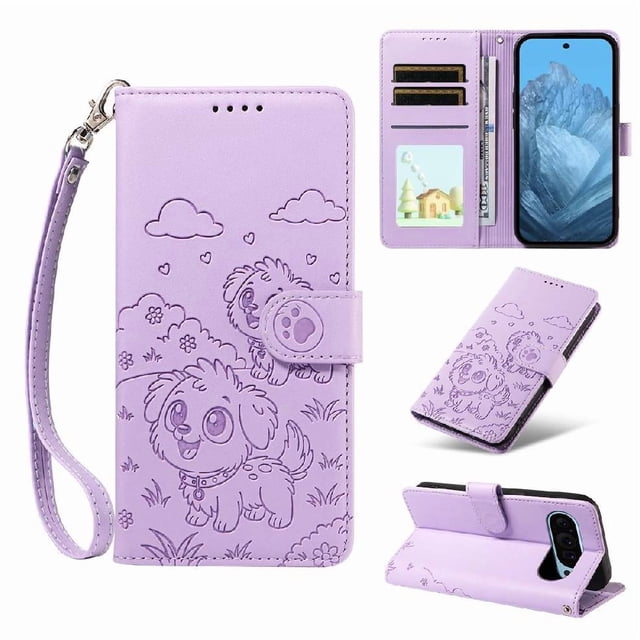 Funda Cartera GANGXUN con Diseño de Perrito en Relieve para Google Pixel 10 Pro XL , Protección 360° con Ranuras y Correa Desmontable