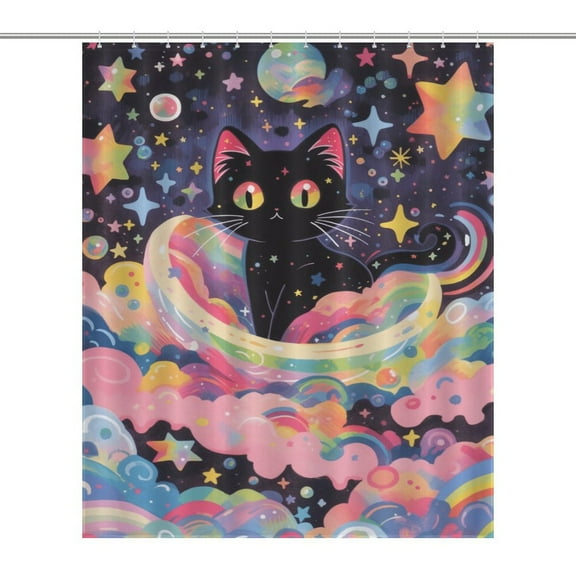 Cute Planet Cat Shower Curtain Cloth Fabric Bathroom Decor with Hooks