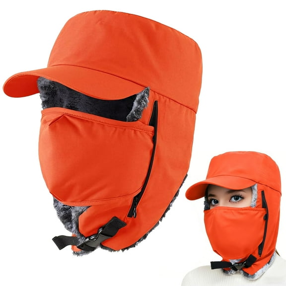 Waterproof Faux Fur Trapper Hat - Windproof Winter Hunting Hat with Detachable Face Mask & Ear Flaps
