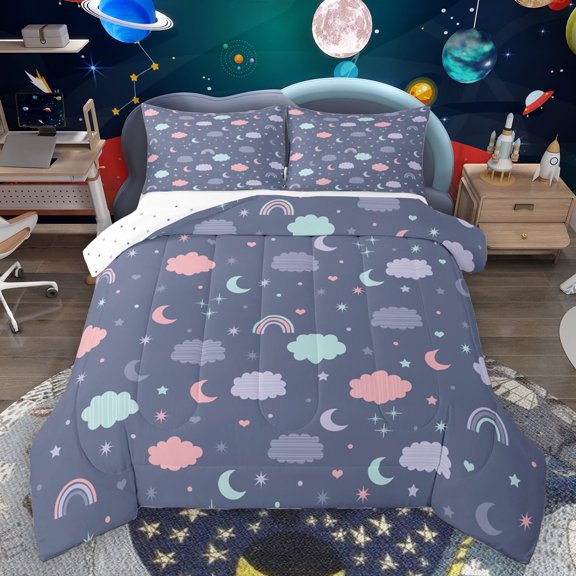 Homewish Galaxy Stars Moon Bedding Comforter Set, Cute Cloud Rainbow Twin Comforter Sets, Blue Cartoon Starry Sky Reversible Bedding Set, Microfiber Bedroom Decor, 2-Piece