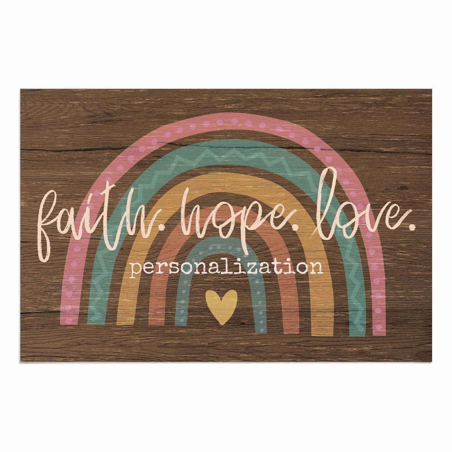Personalized Planet 27x18 Faith Hope Love Boho Rainbow Uplifting Doormat with Custom Family Name Printed on Brown Rectangular 1/4” Thick Non Slip Mat for Kitchen Hallway Deck or Porch
