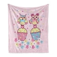 thumbnail image 1 of Owls Soft Flannel Fleece Throw Blanket, 2 Owl Couples on Cupcakes Springtime Happiness Romantic Children Art, Cozy Plush for Indoor and Outdoor Use, 60" x 80", Pale Pink Sky Blue, by Ambesonne, 1 of 5