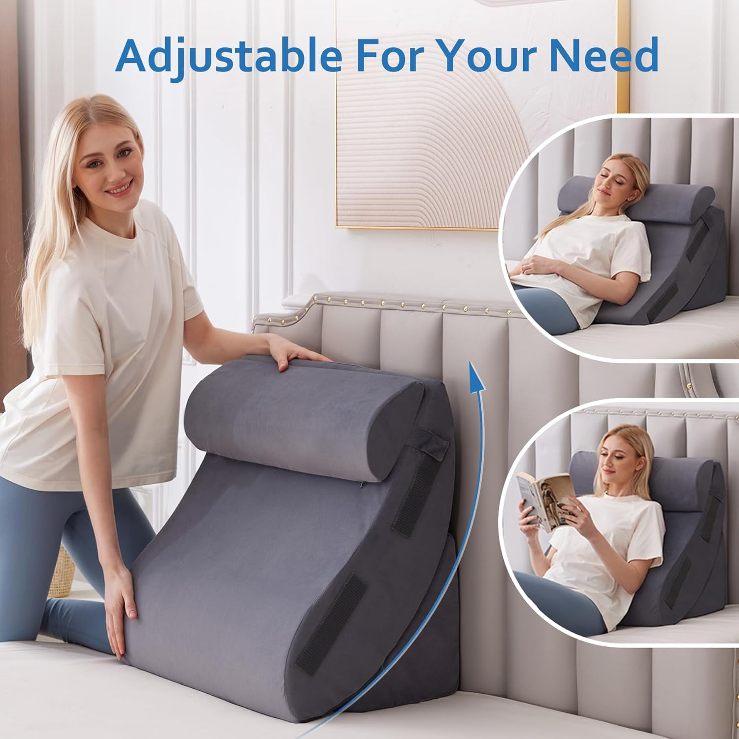 5Pcs Wedge Pillow Set for After Surgery, Orthopedic Bed Wedge Pillow Set for Post Surgery, Acid Reflux Relief, Sleeping, Back Pain Relief, Adjustable Back Pillow for Bed Sitting up Grey Plush