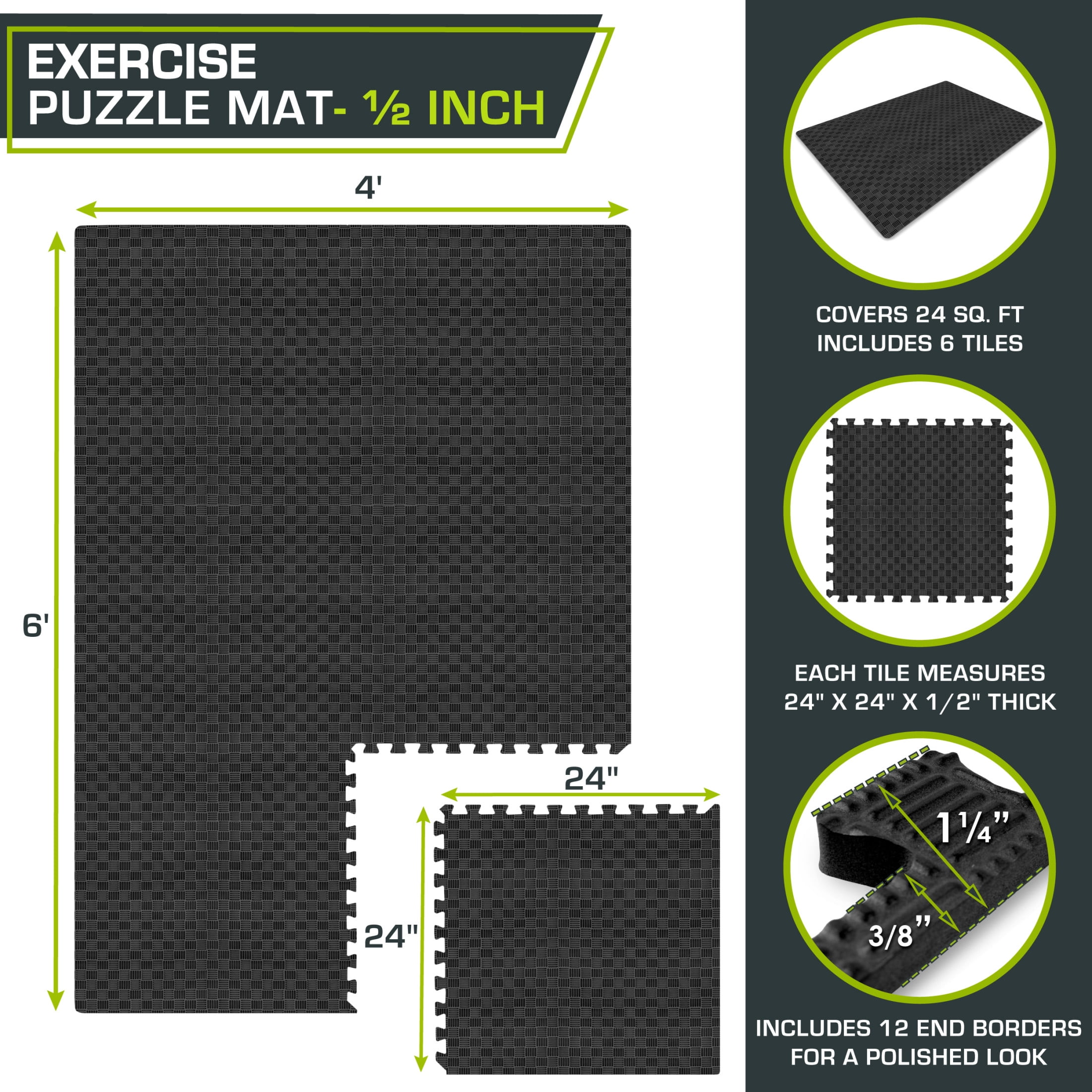 Checkered Puzzle Exercise Mat 12 x 12 1/2-in, Black, 12 Sq Ft