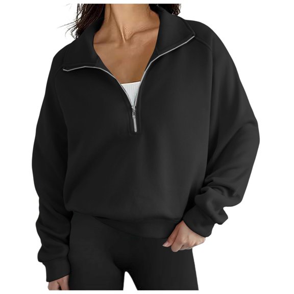 Tanghaowl Women's Sweatshirts Sports Hoodless Hoodie Casual Solid Color Texture Button Long Sleeved Pullover Hoodie Black S