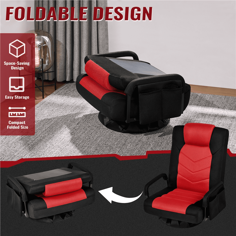 Alden Design Swivel Floor Gaming Chair with Adjustable Backrest, Black/Red