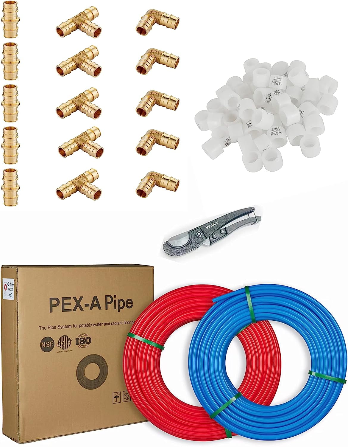 PexA Pipe/Fitting Combo EFIELD 1/2inch PexA Tubing 2 x100 ft (200 ft), 1/2inch Brass