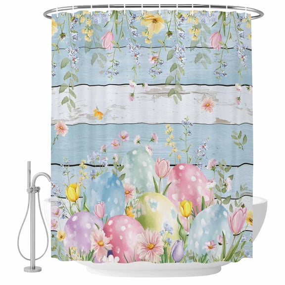 Easter Eggs Shower Curtain, Waterproof Shower Curtains for Bathroom, Spring Daisy Eucalyptus Leaves Light Blue Wood Washable Fabric Bathtub Curtain Set Bath Decor with 12 Hooks Long 72"x84"