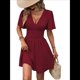 thumbnail image 3 of Vestido Mini de Verano con Escote en V y Mangas con Volantes, Corte A, Cintura Alta Elástica, Holgado y con Vuelo. Vino Tinto XL, 3 of 9