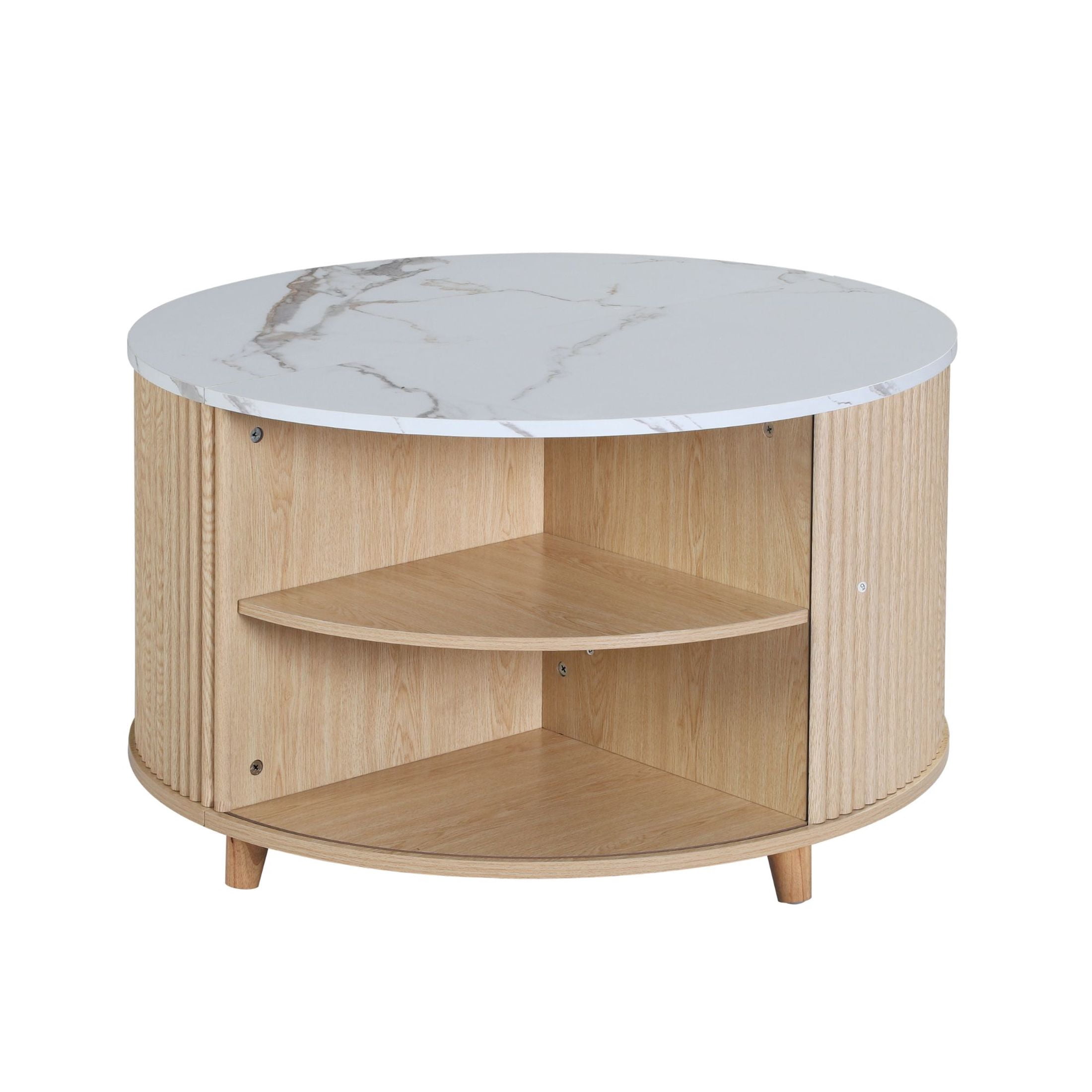 GDF Studio 31.5" Modern Round Fluted Coffee Table with Hidden Storage, White Marble+Light Oak