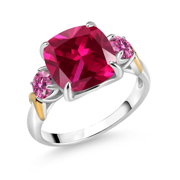 Gem Stone King 925 Silver and 10K Yellow Gold Red Created Ruby and Pink Moissanite 3 Stone Ring for Women (5.46 Cttw, Gemstone July Birthstone, Cushion 10MM, Round 4MM, Size 8)