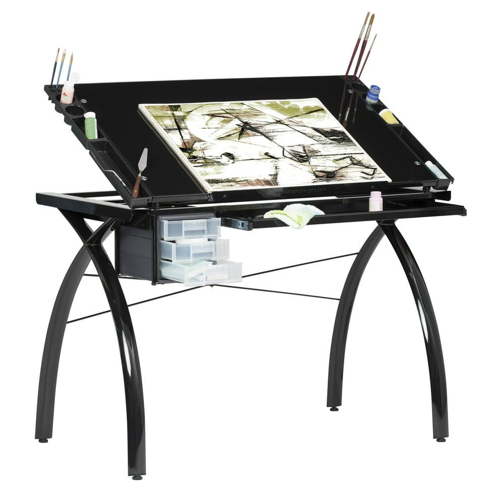 SD Alpha Black Drafting Table with Storage, Black Glass Top Walmart