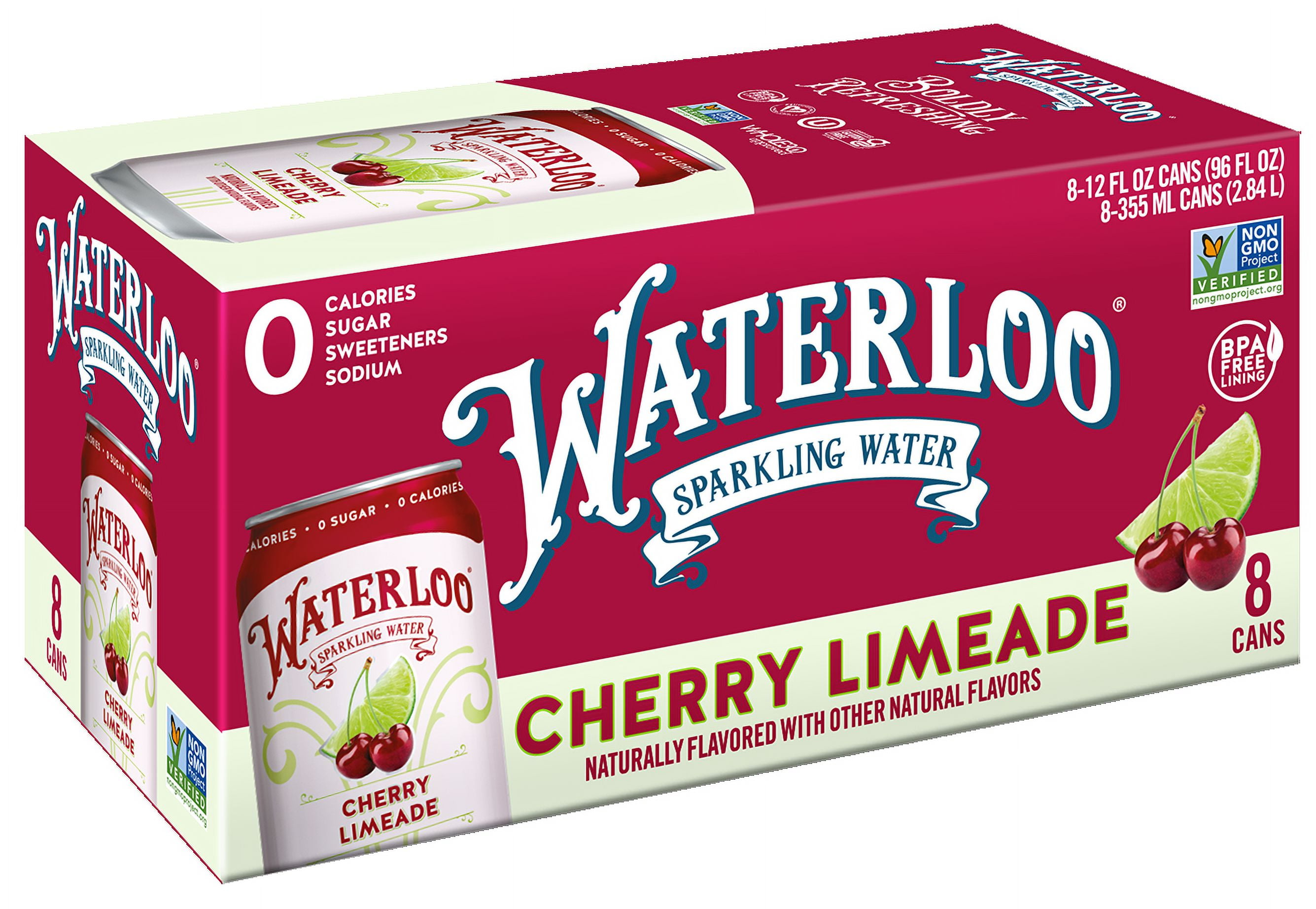 (3 pack) Waterloo Sparkling Water, Cherry Limeade, 12 fl oz, 8 pack cans
