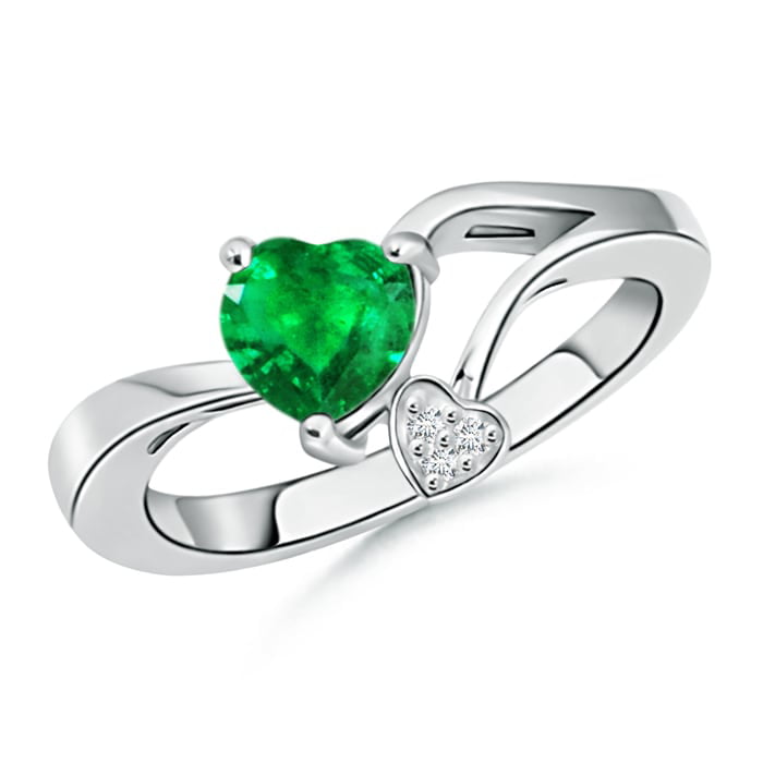 May Birthstone Ring - Emerald Double Heart Bypass Ring with Diamond in ...