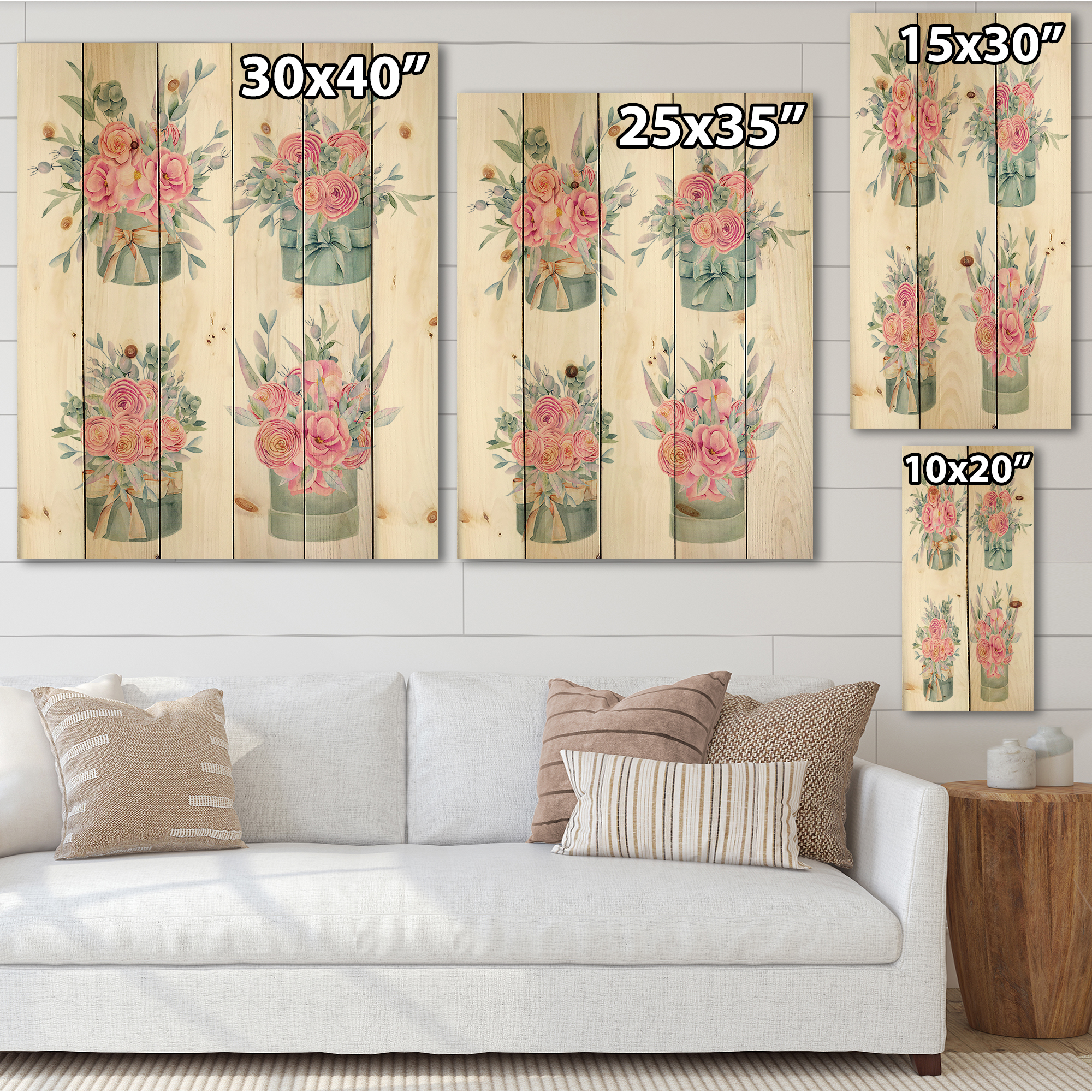 Designart 'Bouquets Collection of Pink Roses' Farmhouse Print on Natural Pine Wood