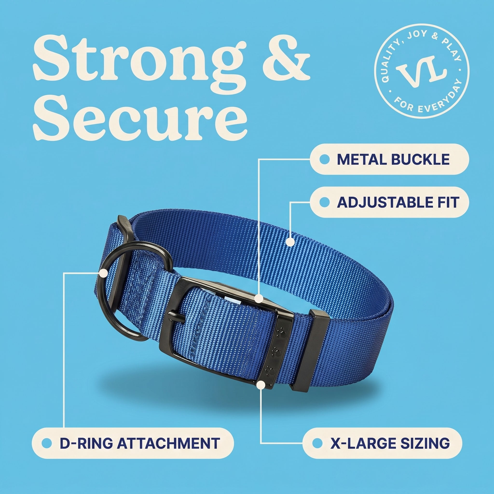 Vibrant Life Solid Polyester Adjustable Dog Collar, Blue, XL