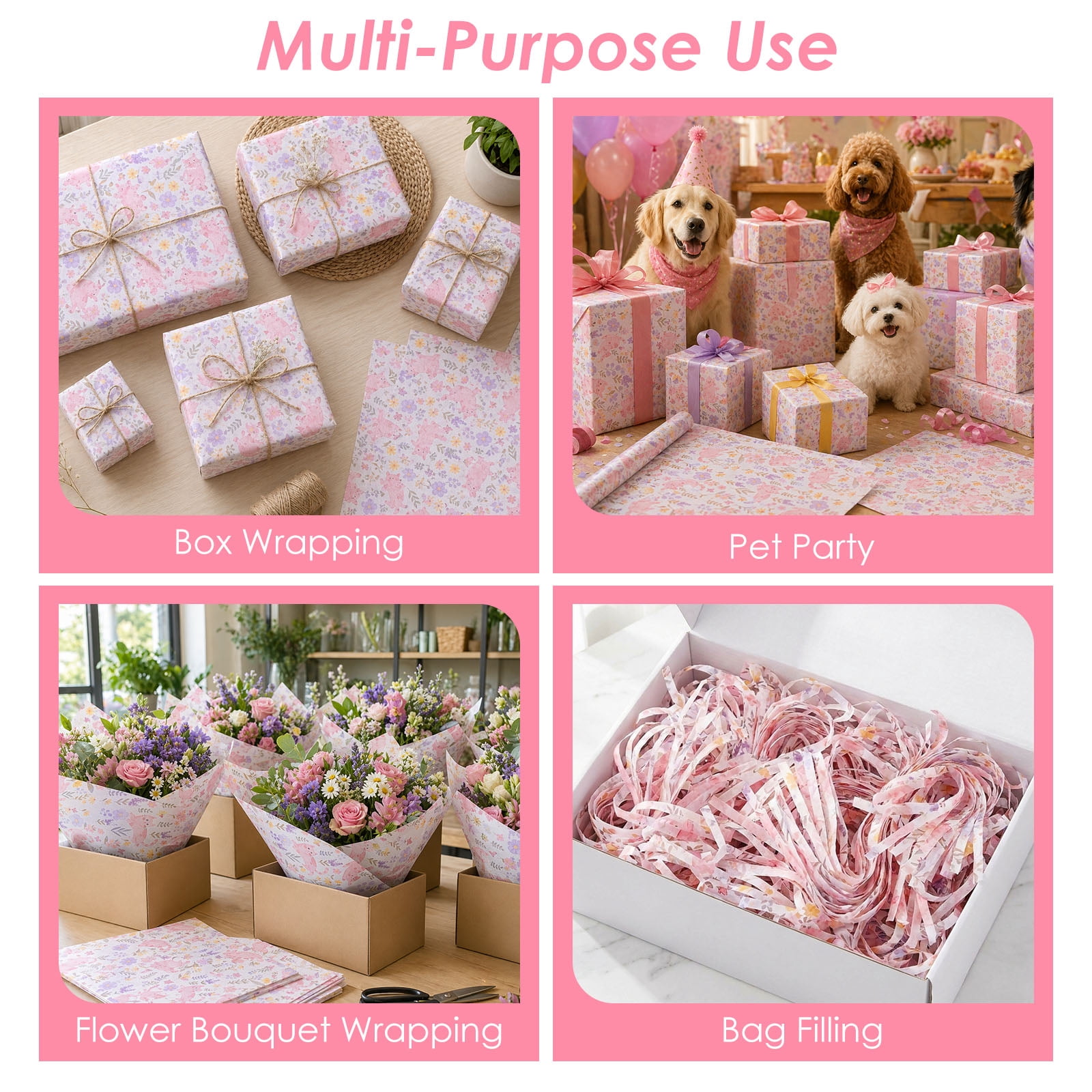 Atopoler 200 Sheet Cartoon Tissue Paper,Cute Animal Floral Preasent Wrap Tissue Paper for Wrapping Crafting Packing,20 x 14 inches,Pink Color