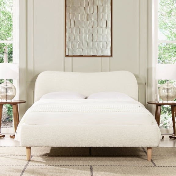 Jennifer Taylor Home Roman Curved Headboard Upholstered Platform Bed, Queen, Ivory White Boucle