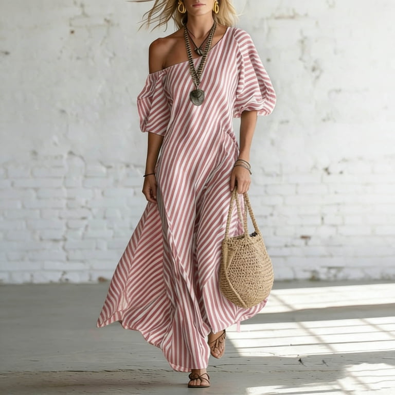 Wxlwzywl Women Asymmetrical One Shoulder Puff Sleeve Striped Print Maxi Dress Summer Loose and Casual Beach Dress