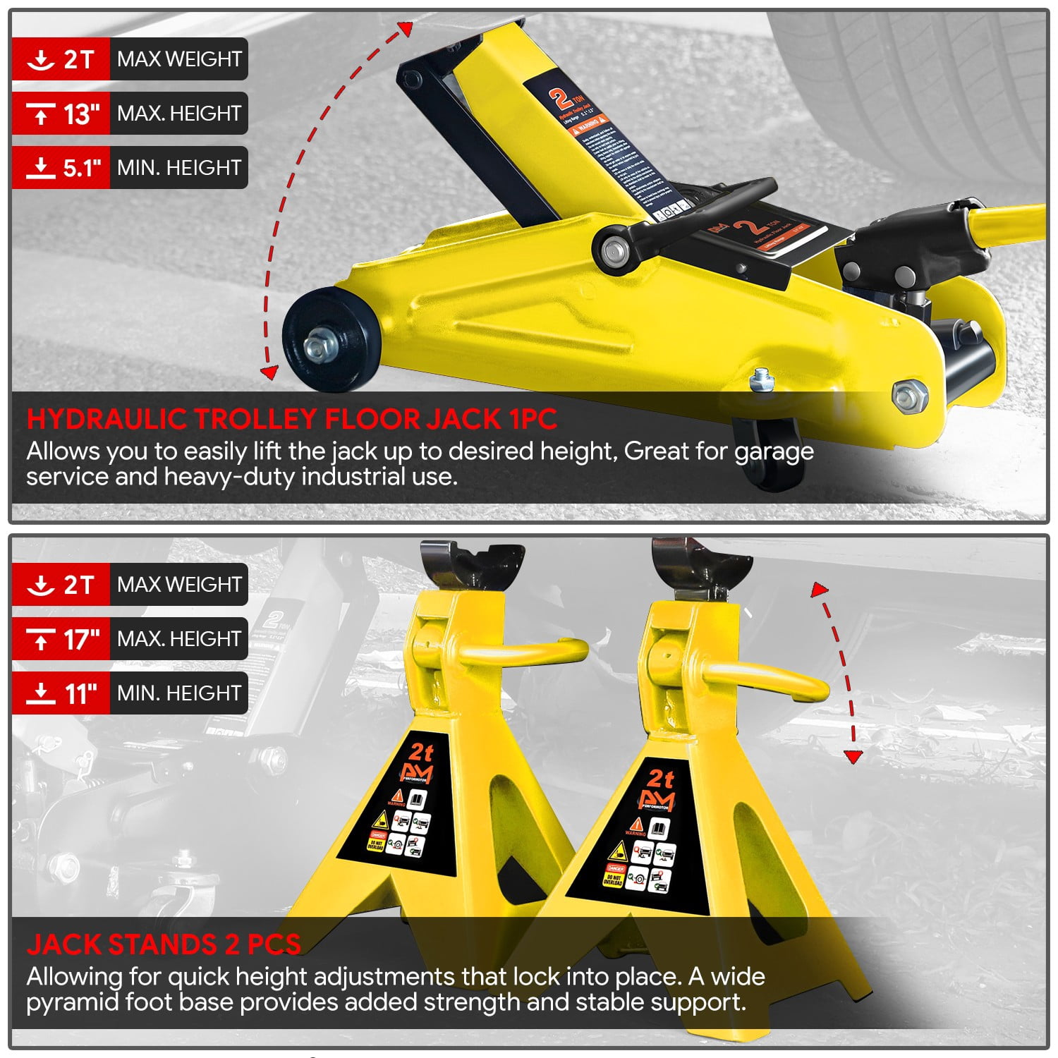 2 Ton 4000lbs Hydraulic Trolley Floor Lift Jack Stands Combo Lifting Car Yellow