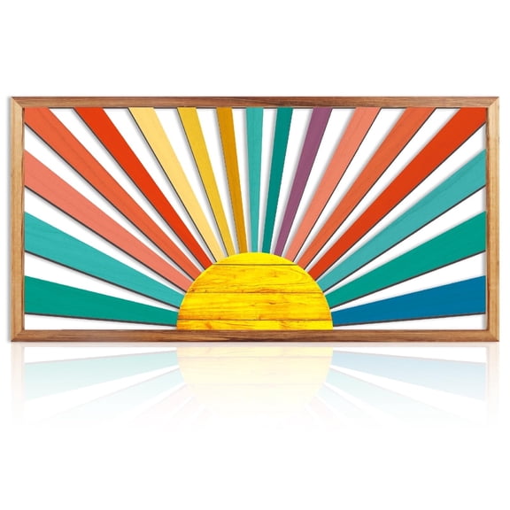 HPNIUB Boho Sun Framed Wooden Wall Art Colorful Rainbow Geometric Line Decor Sunshine Artwork for Living Room Bedroom Office 16x32 Inch