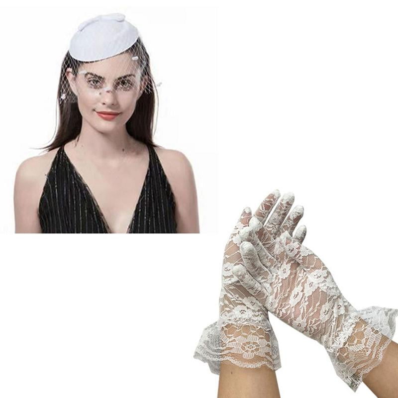Lacyie Fascinator Hat Glove Set Vintage Lace Glove Hat for Tea Party
