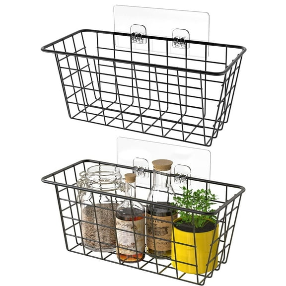 MaraFansie Hanging Kitchen Baskets Wire Storage Basket Over the Cabinet Door Organizer, No Drilling Adhesive Basket for Cabinet Pantry Organization and Kitchen, Bathroom, Storage, 2 Pack, Black C34
