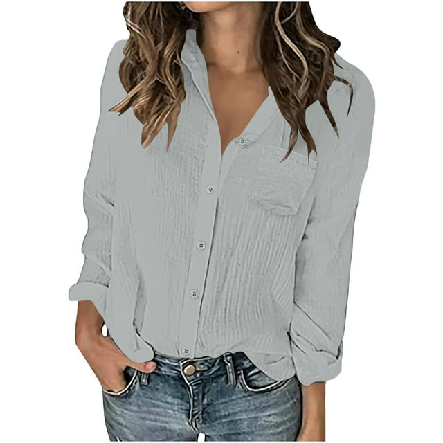 GreatBaby Ladies' Fall Winter Blouses Leisure Long Sleeved Standup Collar Rib-Knit Cuffs Shirts with Buttons Solid Color Comfy Linen Tops(Gray#3,XL)