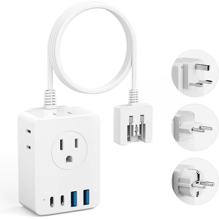 European Travel Plug Adapter, 5ft Detachable Extension Cord with Type C/G/E/F Plug Kit, 4 AC Outlets, 4 USB Ports (2 USB C), UK Germay France Greece Travel Plug Adapter