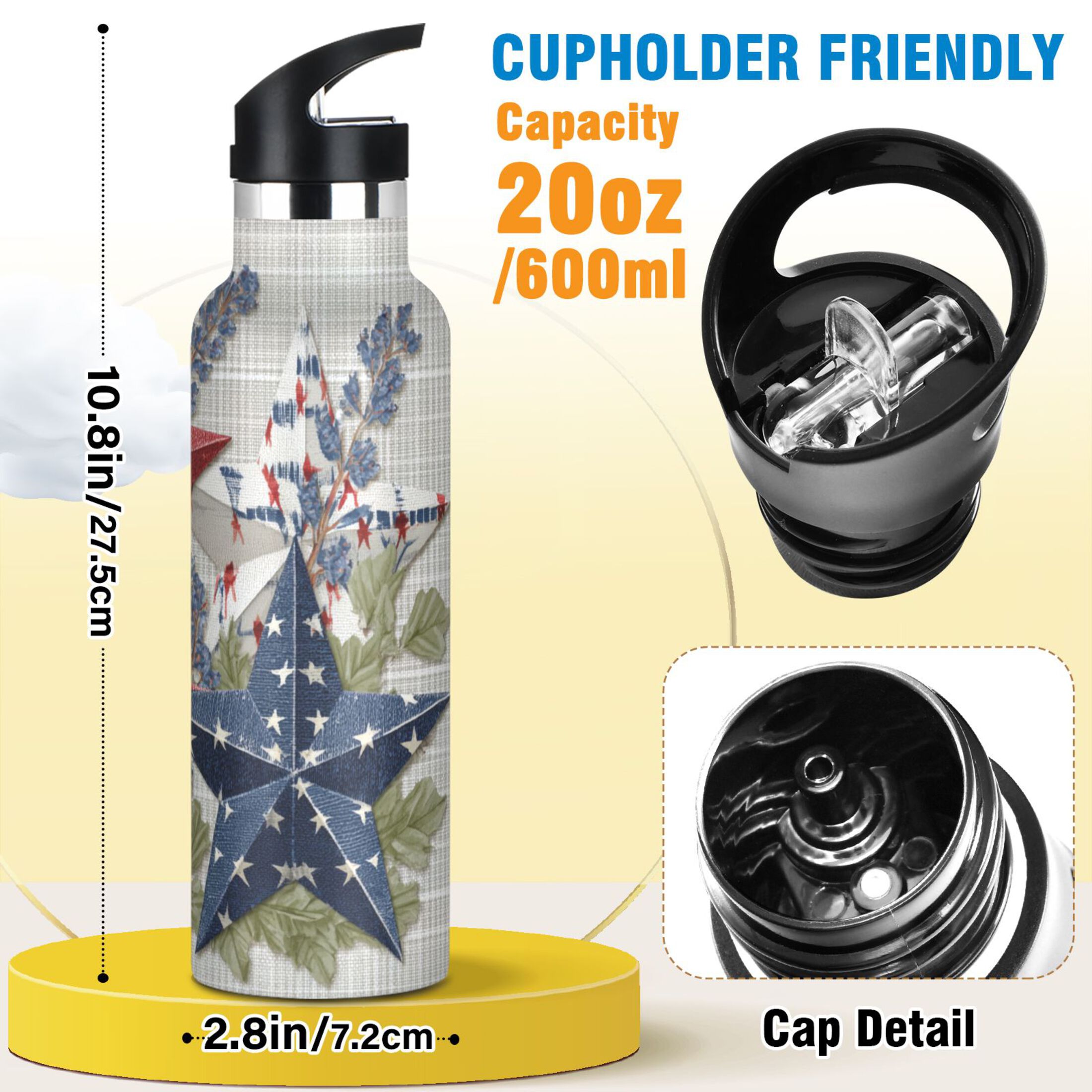 Kids Insulated Stainless Steel Sports Water Bottle 600ml (20oz) Red White and Blue Stars