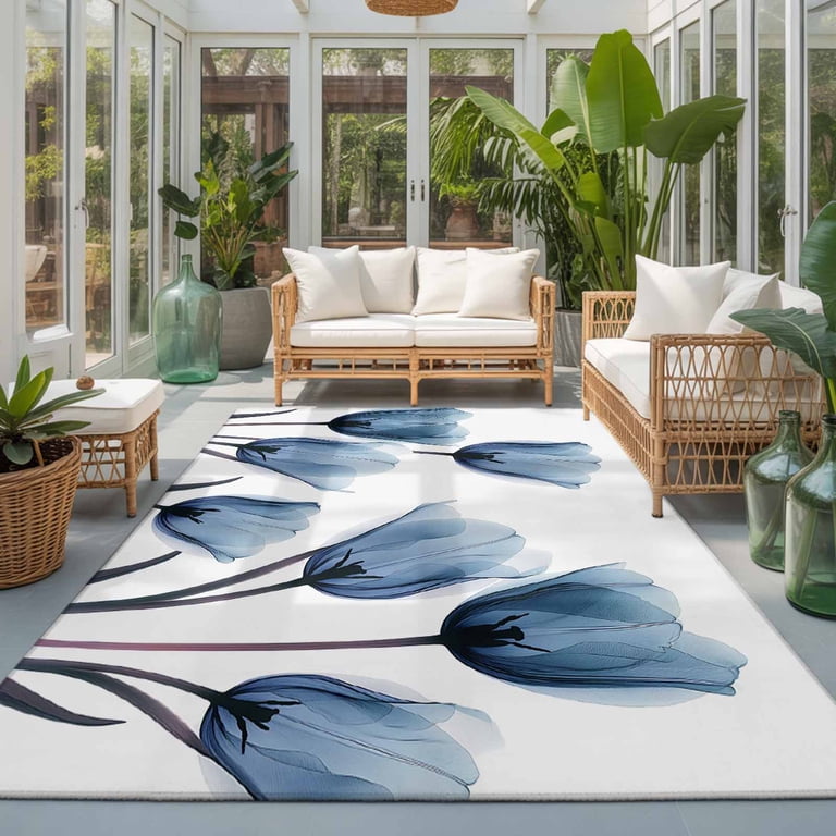 5x7 Blue Tulip Area Rug for Living Room, Washable Non Slip Low